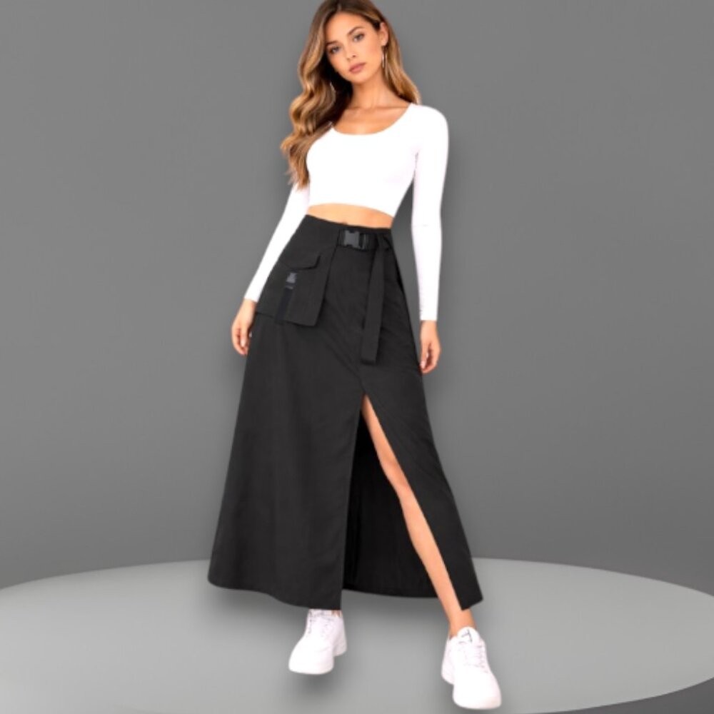Black Utility Cargo Maxi Skirt Belted Front Slit Tactical Streetwear Size L NEW